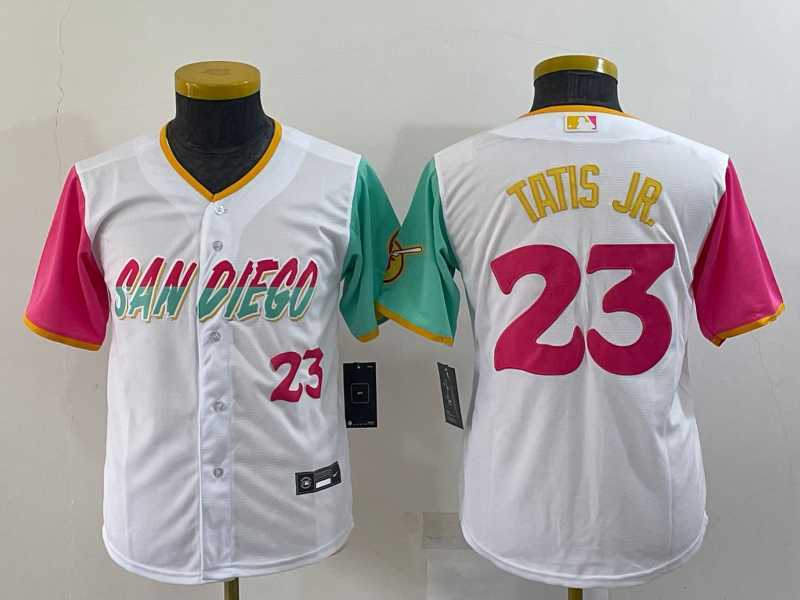 Youth San Diego Padres #23 Fernando Tatis Jr White Number 2022 City Connect Cool Base Stitched Jersey->boston celtics->NBA Jersey